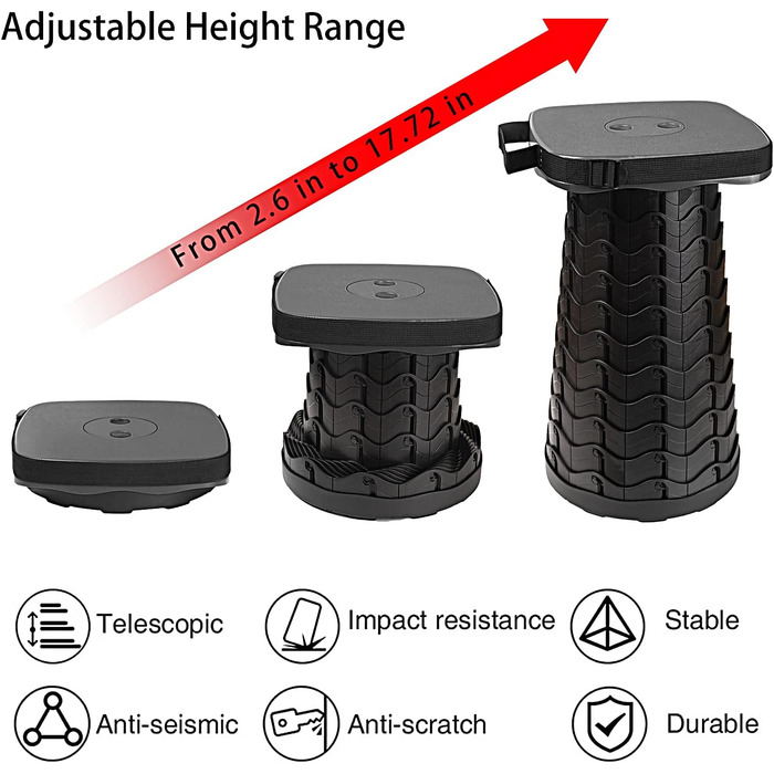 Портативний складаний стілець, телескопічний стілець, складний кемпінговий стілець для кемпінгу на свіжому повітрі, риболовлі, барбекю, використання в приміщенні, кухні, вантажопідйомність 220 кг, чорний