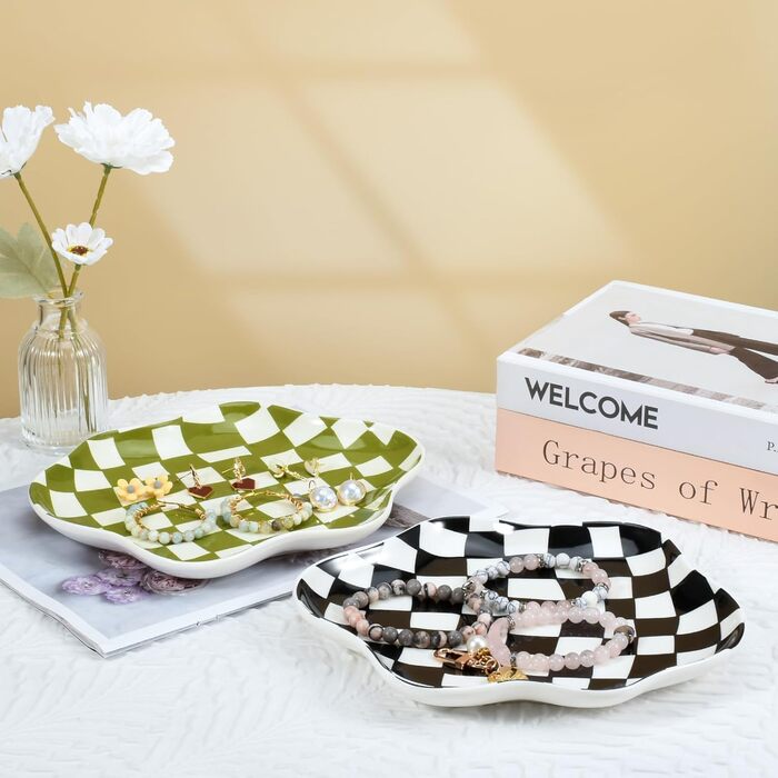 Піднос для ювелірних виробів Koythin, керамічна тарілочка для ювелірних виробів, органайзер для ювелірних виробів, картатий візерунок, естетичний, декоративний для кухні, ванної кімнати (чорно-біла шахівниця)