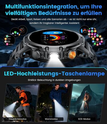 Розумний годинник FITFLEX для чоловіків з акумулятором 1000 мАг, 1,53-дюймовий HD AMOLED військовий розумний годинник, світлодіодний ліхтарик, функція телефону, фітнес-годинник з понад 120 спортивними режимами, монітором серцевого ритму, монітором сну, Sp