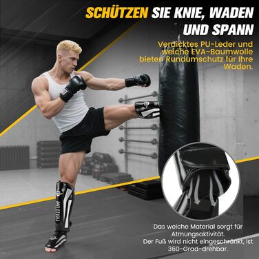 Накладки на гомілки для кікбоксингу, регульовані надзвичайно товсті накладки на ноги із захистом підйому стопи, професійні накладки на гомілки та підйом стопи для муай-тай, ММА, боксу, кікбоксингу, чорні, розмір L 160-185 см (розмір за вагою)