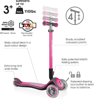 Дитячий самокат GLOBBER Elite Roller Deluxe Lights (3 роки) 3 колеса, ABEC 5, регульована висота, світлодіодні колеса, рожевий
