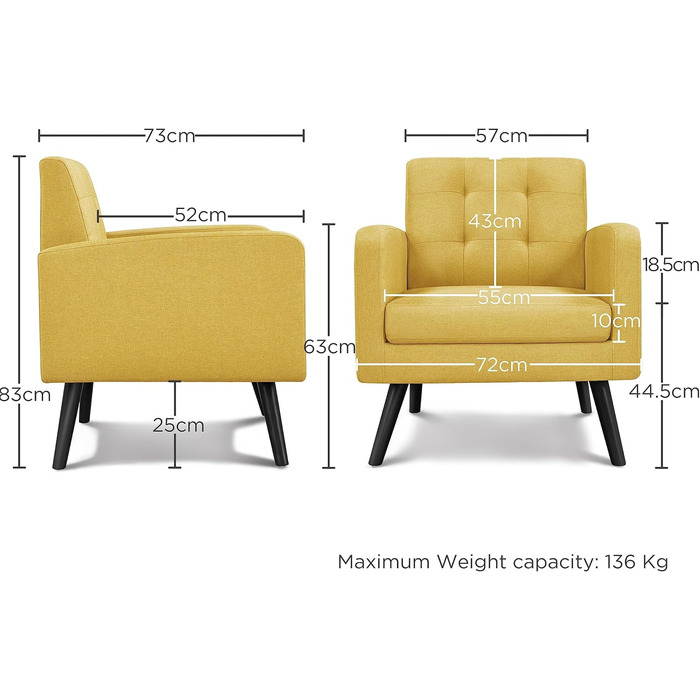 Крісло Yaheetech з підлокітниками, зручне та сучасне, крісло для телевізора, крісло-реклайнер, крісло для вітальні, клубне крісло, диван, вантажопідйомність 136 кг, жовтий колір, поліестерова тканина