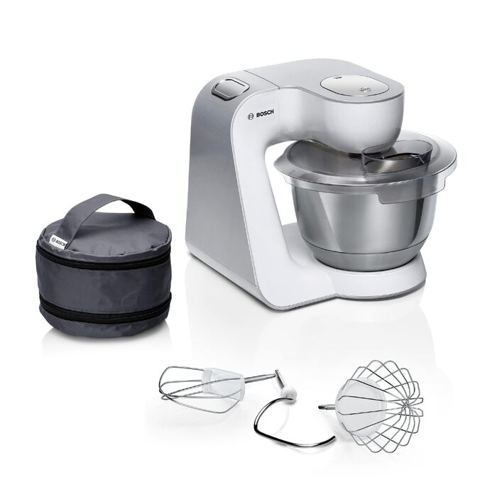 Кухонна машина Bosch Serie 4 MUM58200 гак для замісу, вінчик та міксер з нержавіючої сталі, чаша зі сталі (можна мити в посудомийній машині), 3D-система змішування, білий/сріблястий