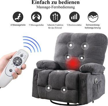 Крісло Bosmiller з функцією відкидання, масажне крісло, велике крісло для телевізора, поворотне на 360, підігрів, регульоване, тканинне крісло, сірий колір