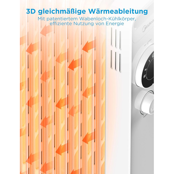 Масляний радіатор Midea NY1507-22M, енергозберігаючий, тихий електричний обігрівач потужністю 1500 Вт із 7 ребрами, термостатом, 3 режимами нагріву, захистом від перекидання та перегріву, еко-режимом, швидким нагріванням та портативним, білий колір