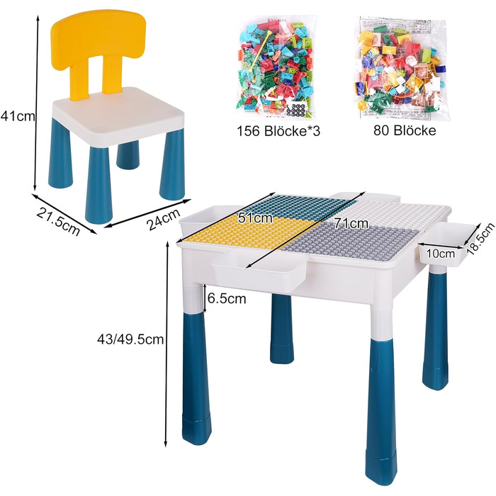 Дитячий стіл 7-в-1, комплект дитячого столу та стільця, стіл з будівельних блоків, багатофункціональний робочий стіл, розвивальна іграшка для розвитку дитини, двостороння стільниця (з 548 будівельними блоками)