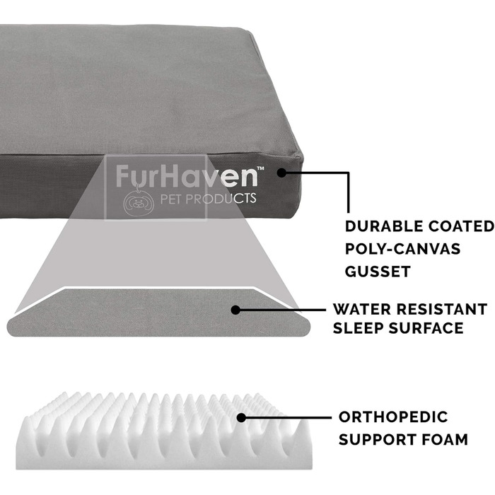 Ортопедичне ліжко для собак Furhaven середнього розміру, водостійке, для використання в приміщенні/на вулиці, з логотипом Oxford Polycanvas, зі знімним чохлом, що прається - сірий колір, середній розмір Д 76 x Ш 51 x В 8 см