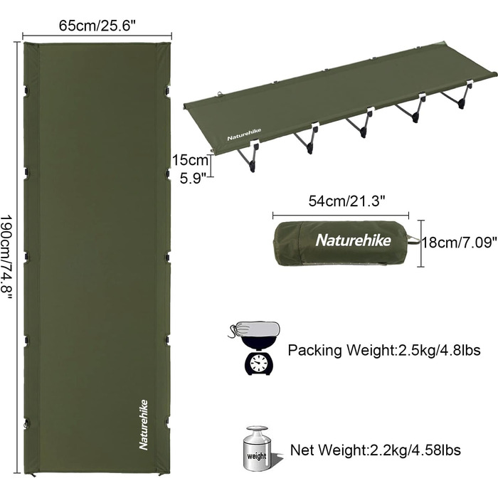 Кемпінгове ліжко Naturehike, надлегке похідне ліжко, портативне складне ліжко для дорослих, місткість до 150 кг, кемпінгове ліжко для наметів, для пішого туризму, для дому, для походів, темно-зелене