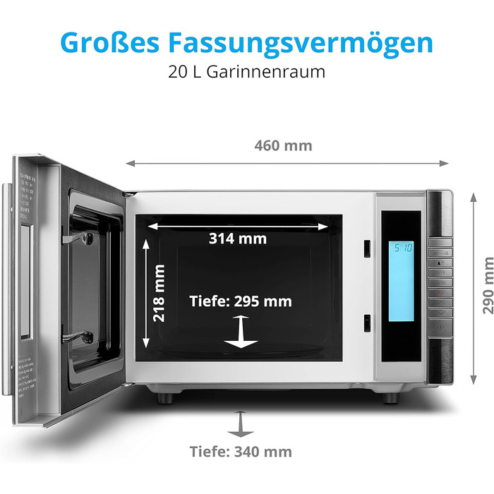 Мікрохвильова піч з грилем / Простір для приготування їжі 20 л / 8 автоматичних програм/функція розморожування / мікрохвильова піч 800 Вт і потужність гриля 1000 Вт / таймер / решітка гриля / сріблястий/чорний, 14482