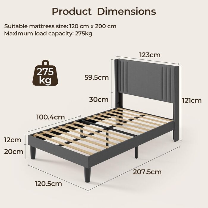 М&39яке ліжко 120x200 см, каркас ліжка з узголів&39ям та рейковою основою, м&39який каркас ліжка, міцне тканинне ліжко для дорослих та підлітків, темно-сірий колір, 120x200 см