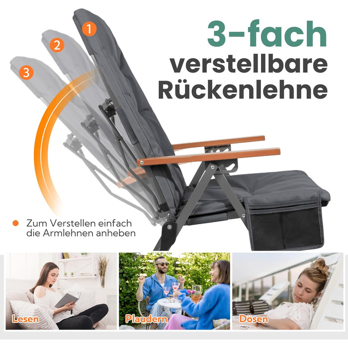 Складаний кемпінговий стілець Homecall, вантажопідйомність 150 кг, розкішний складний кемпінговий стілець з високою спинкою та 3 регульованими положеннями, товщина м&39якої підкладки 4,5 см, рибальський стілець для саду, балкону, кемпера (1, темно-сірий) 