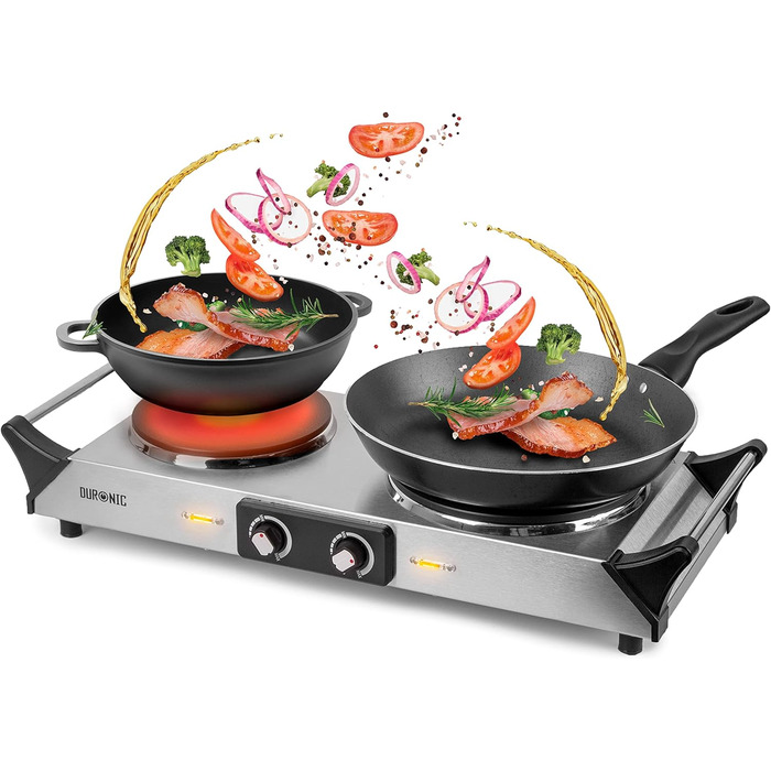Варильна поверхня Duronic HP2 SS, Кемпінгова плита з 2 варильними поверхнями, Електрична варильна поверхня для кемпінгу, офісу або кухні, Подвійна варильна поверхня з плавним регулюванням температури, Подвійна варильна поверхня 2400 Вт Срібло