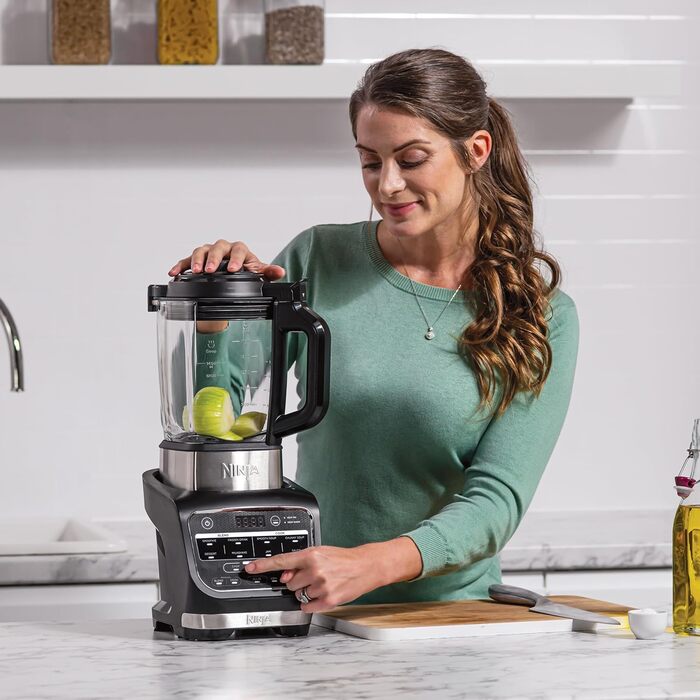 Блендер і супниця Ninja Foodi, 10 програм Auto-iQ, скляний глечик 1,7 л, гарячий і холодний блендер, вбудований нагрівальний елемент, тamp, програма очищення та щітка, 1000 Вт, чорний HB150EU