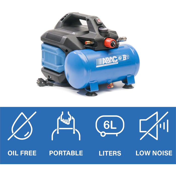 Малошумний портативний повітряний компресор EASE-AIR 6, Безмасляний повітряний компресор, Максимальний тиск 8 бар, Потужність 0,75
