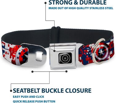Нашийник для собак Капітан Америка, цифровий камуфляж, синьо-біло-червоний, з застібкою типу автомобільний ремінь, ширина 2,5 см, розмір S (22,9-38,1 см)