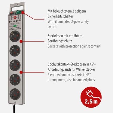 Розетковий подовжувач із захистом від перенапруги (багаторозеткова розетка з кабелем 2,5 м і вимикачем - з ударостійкого полікарбо