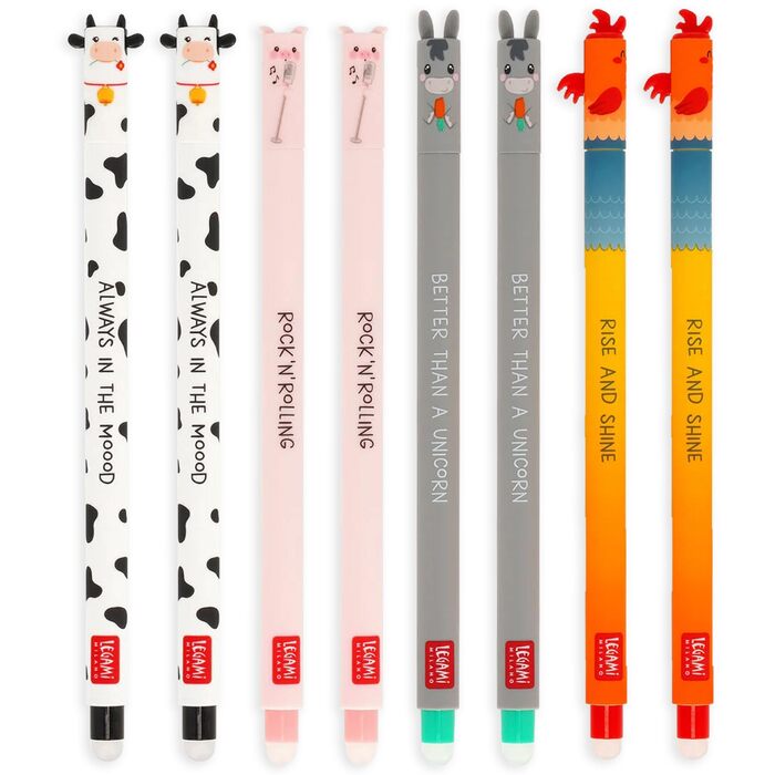 Набір із 8 гелевих ручок LEGAMI від Farm Sweet Farm зі стираним термочутливим чорнилом, чорний, рожевий, зелений, червоний, стираються без використання паперу, наконечник 0,7 мм