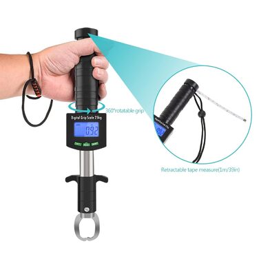 Лапа для риби Alomejor зі світлодіодним дисплеєм, багатофункціональні цифрові ваги для риби, 25 кг (55 фунтів), електронне керування, ручка для риби з ремінцем 1 м