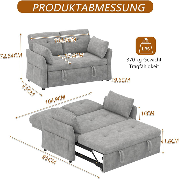 Диван-ліжко 3-в-1 з 5-позиційною регульованою спинкою, розкладний диван з 2 подушками та 2 боковими кишенями, сірий лляний 2-місний диван для гостьових кімнат та невеликих приміщень 167 x 137 см сірого кольору