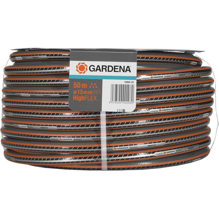 Шланг Gardena Comfort HighFLEX 13 мм (1/2 дюйма), 50 м Садовий шланг з профілем Power-Grip, тиск розриву 30 бар, стабільний за розмірами, стійкий до ультрафіолету, в упаковці (18069-20), сірий/помаранчевий Практичний шланг HighFlex