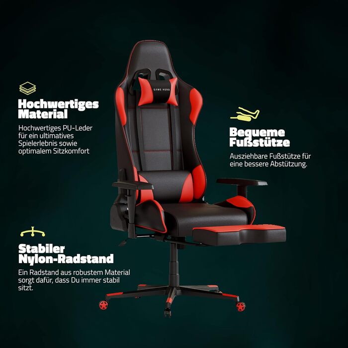 Ергономічне офісне крісло Game Hero - Ігрове крісло з подушкою для стегон та підголівником - Геймерське крісло з підставкою для ніг - Шкіряне крісло для роботи, Ігрове крісло до 125 кг - Winner X1 (червоне)