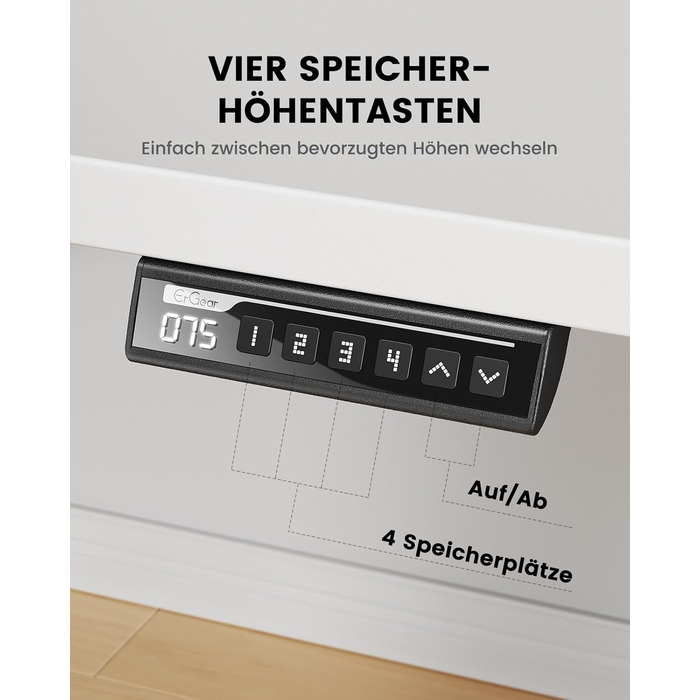 Стіл ErGear з регулюванням висоти - 160 x 80 см, вантажопідйомність 100 кг, електричний стіл з удосконаленим безщітковим двигуном, тиха робота, міцний металевий каркас, чотирисекційна стільниця 160 x 80 см, білий колір