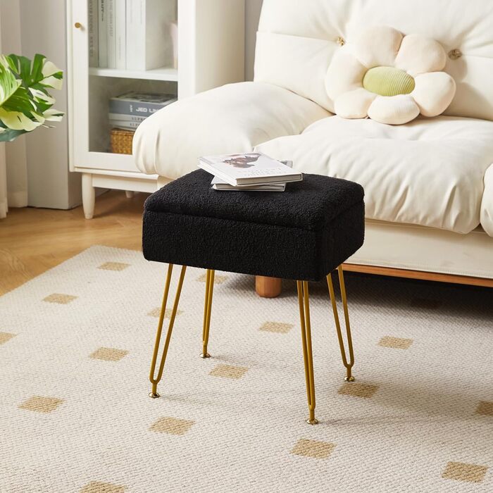 Туалетний стілець-стілець з місцем для зберігання, квадратний оксамитовий пуф Тедді, сучасний багатофункціональний макіяжний стілець для спальні, вітальні 40 x 30 x 47 см чорний HBD031B