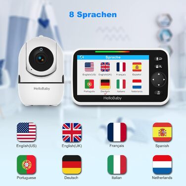 Монітор HelloBaby з камерою, батарея на 30 годин з 5-дюймовим екраном, 355 панорамування-120 нахил-зум, радіоняня без Wi-Fi, 2-сто
