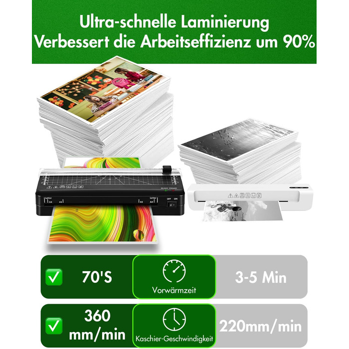 Ламінатор A4, швидкий прогрів за 70 секунд, вбудований різак, ламінатор з технологією NTC з 10 ламінувальними пакетами для A4/A5/A6, для офісу, дому та школи