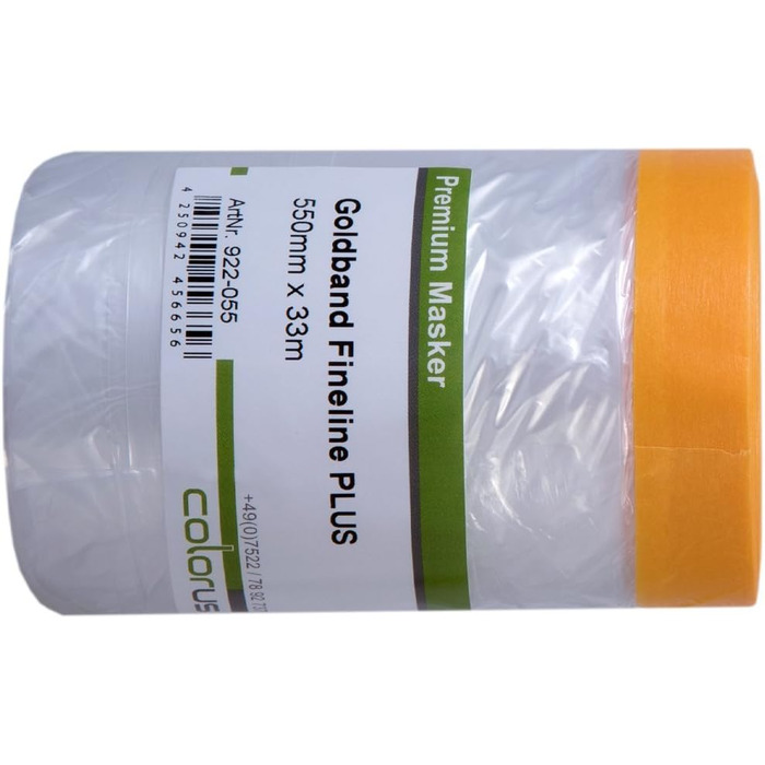 Малярська стрічка Colorus 6 x з захисною плівкою PLUS Goldband Fineline 55 см x 33 м Стійка до ультрафіолету 60 днів, для використання всередині та зовні приміщень Самоклеюча малярська плівка Малярська стрічка з захисною плівкою 6 x 55 см x 3300 см