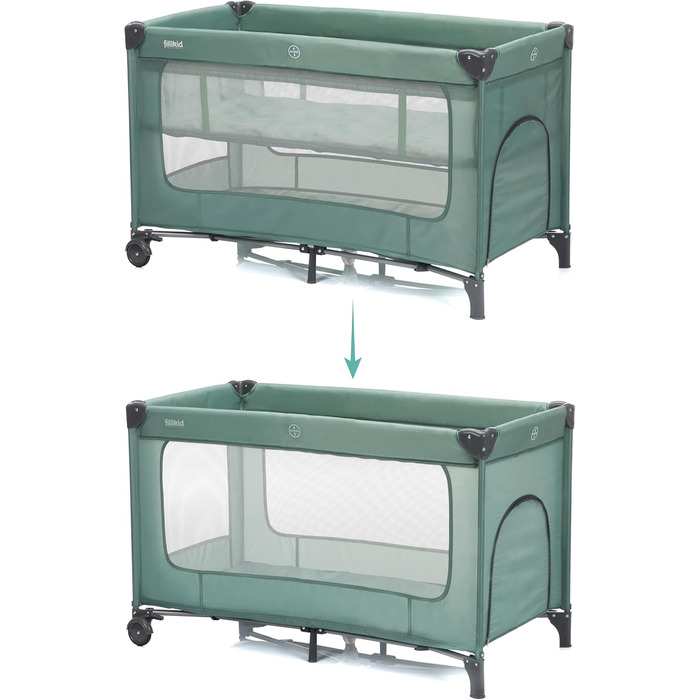 Дорожнє ліжечко Fillikid Capri від народження - 15 кг з регульованим вкладишем, 2 колесами, входом, пеленальний килимок, лоток для підгузків, мобільний телефон та сумка для перенесення - зелений