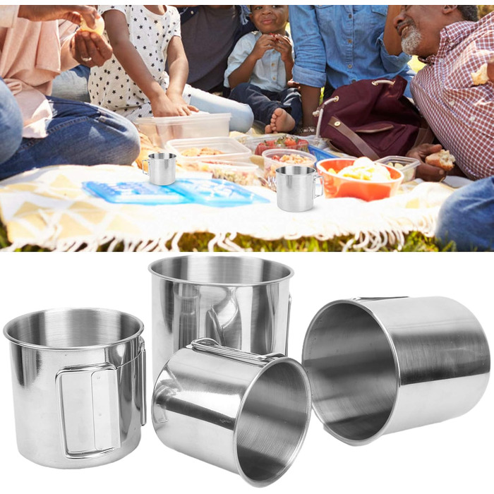 Чашки-гніздові чашки з нержавіючої сталі, складна ручка, міцні, легкі, портативні, чашки для кемпінгу на свіжому повітрі для походів, пікніків, барбекю, 4 шт. и, нержавіюча сталь 304