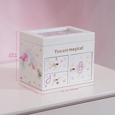 Шкатулка для ювелірних виробів Lolalet для дівчаток, дерев&39яний органайзер для ювелірних виробів з єдинорогом, шкатулка для ювелірних виробів для намиста, сережок, браслета, годинника, помади, кільця - біла