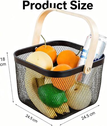 Дротяний кошик з ручкою, кошик для перенесення в стилі лофт, кошики для садового врожаю, квадратний кошик для зберігання, для ванної кімнати, кухні, пікніка, 2 предмети, 18 x 24,5 x 24,5 см (чорний)