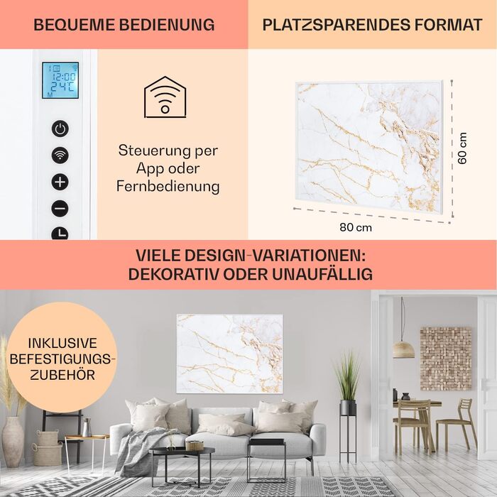 Інфрачервоний обігрівач Klarstein з термостатом, електричний обігрівач потужністю 500 Вт, інфрачервоний обігрівач Smart Home Picture для настінного монтажу, ІЧ з керуванням через додаток IoT/WiFi, плоский радіатор для вологих приміщень, настінний обігріва