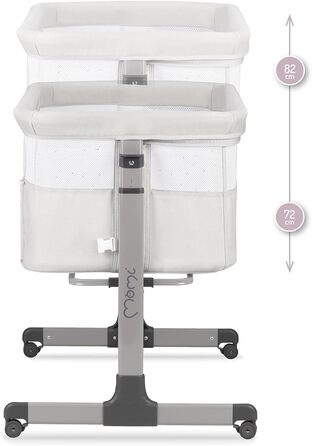 Багатофункціональне приліжкове та дитяче ліжко Momi REVO, 6-рівневе регулювання висоти від 72 до 82 см, з колесами, включаючи матрац, кріпильні ремені, сітку від комах та ручку з іграшками