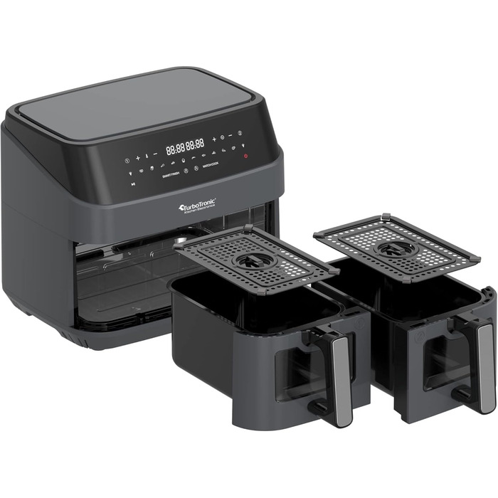 Гаряча аерофритюрниця XXL Подвійна фритюрниця 1600 Вт / 9 л (2 шт. 4.5 л камера) 10 програм Цифрова фритюрниця без жирного масла Подвійна аерофритюрниця Фритюрниця Power Grey