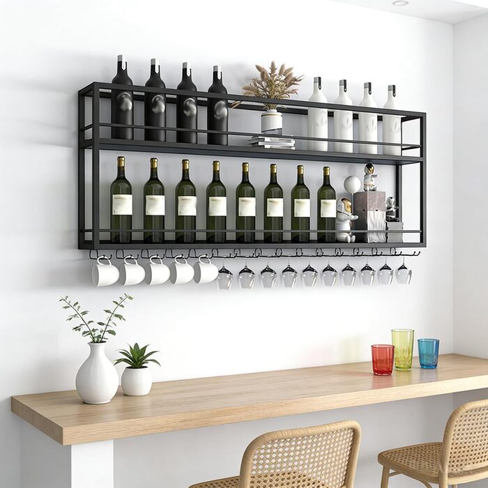 Промислова настінна винна підставка з тримачем для келихів, чорний металевий тримач для пляшок, багатофункціональна винна підставка, 2-ярусна, для домашнього бару, їдальні, кухні (1002065 см)