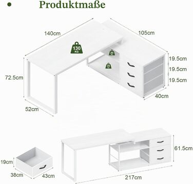 Кутовий стіл JUMMICO з шухлядами, L-подібний реверсивний, 140 x 105 x 75 см, з 2 USB-портами та 2 розетками, білий