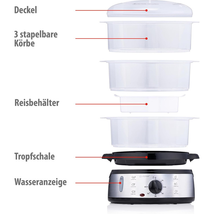 Електрична пароварка alpina 800 Вт - 3-шарова пароварка Baby BPA Free - Рисоварка, яку можна мити в посудомийній машині - Готова до використання від 0 до 60 хвилин - Ємність 9 літрів - Пластик/RVS - Сірий