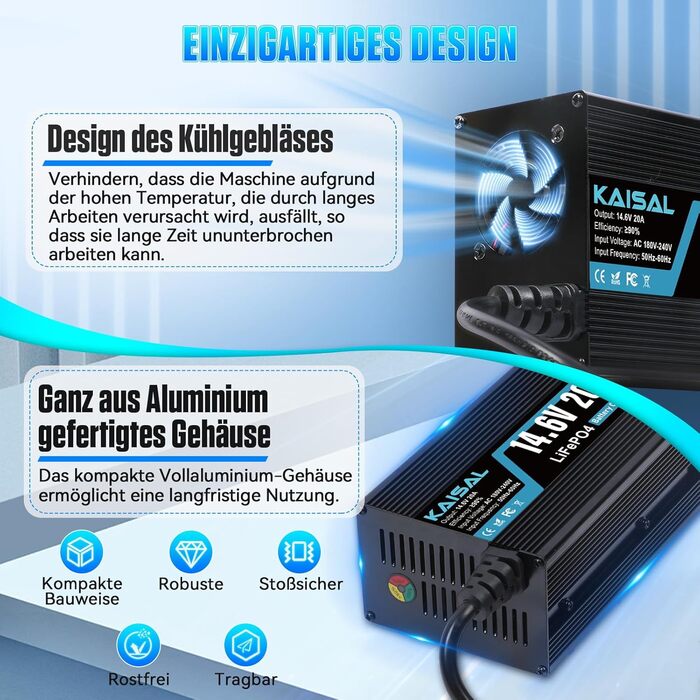 Зарядний пристрій KAISAL 12V 20A LiFePO4, зарядний пристрій для літієвих акумуляторів 14.6V для 12V LiFePO4 акумуляторів, 3-етапний автоматичний інтелект для кемперів, човнів та сонячних систем