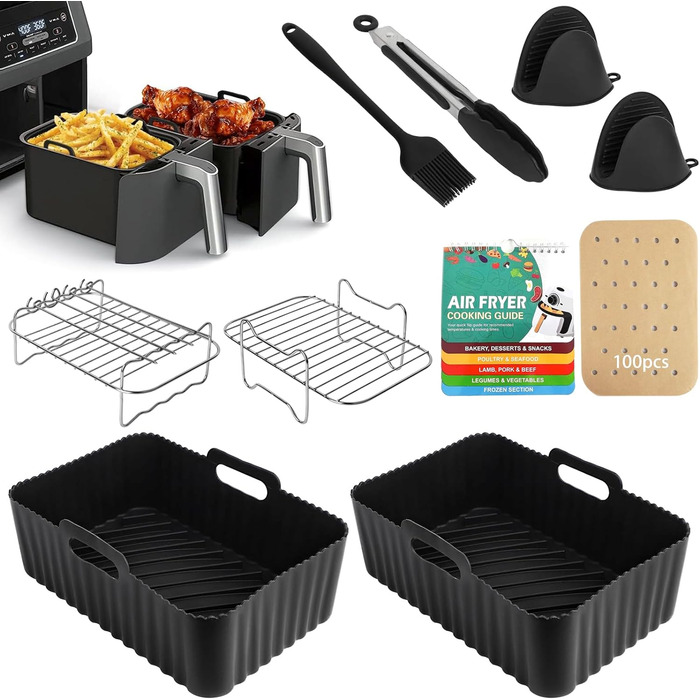Аксесуари для фритюрниці, силіконові вкладиші для фритюрниці Ninja AF400EU AF300EU AF451EU AF500EU Tower T17088 7.6L-9.5L, 10 шт. Аксесуари для подвійної аерофритюрниці включають буклет посібника з кулінарії, чорний