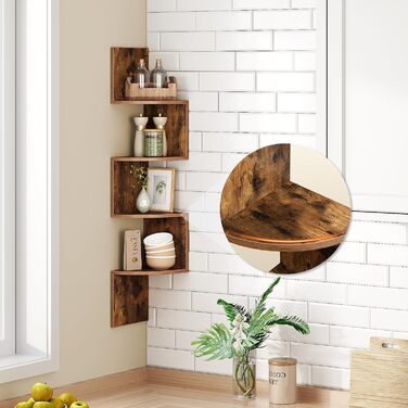 Настінна полиця HOOBRO, комплект із 2 предметів, кутова полиця, плаваюча полиця, 4-ярусна полиця, унікальний зигзагоподібний дизайн, компактна, для вітальні, спальні, їдальні, ретро-коричневий EBF25BJP201 темно-коричневий чорний 20 x 20 x 105 см