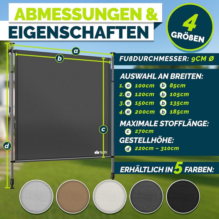 Вертикальна маркізка tillvex із затискачем та ручним приводом, свердління не потрібне Розсувна та непрозора ширма для забезпечення конфіденційності Вертикальна маркізка для балкона, тераси, саду Всепогодна штора для забезпечення конфіденційності (Антрацит