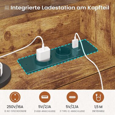 Ліжко 140x200 з металевою рейковою основою, двоспальне ліжко зі світлодіодним підсвічуванням та розеткою, каркас ліжка 140x200 см з дерев&39яним узголів&39ям, 2 шафи з дверима, дитяче ліжко з місцем для зберігання речей, коричневий колір, 140x200 см