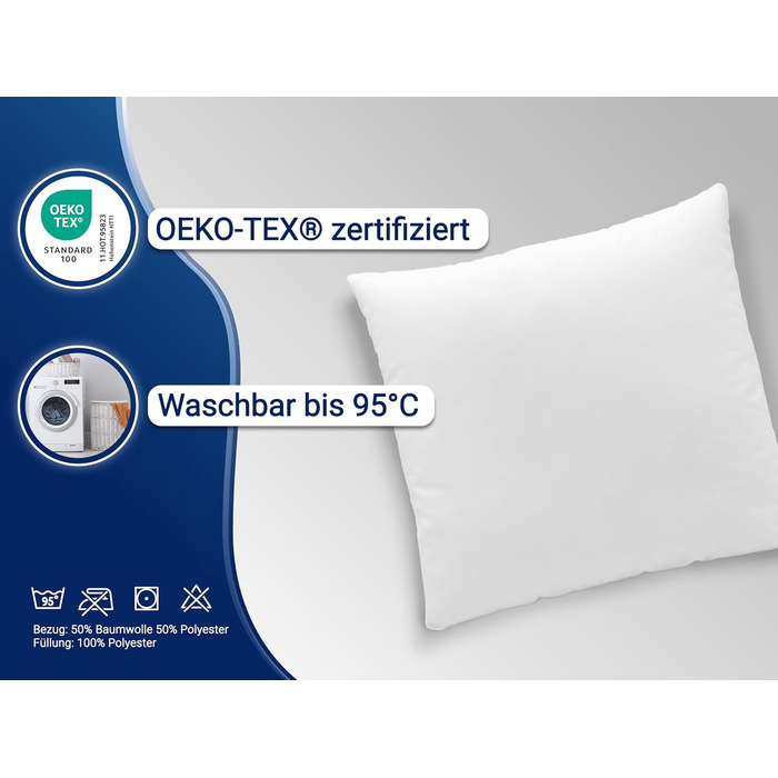 Набір із 2 подушок ZOLLNER - Виготовлено в Європі - Наповнювач поліестер - Чохол зі змішаної тканини - Можна прати при температурі до 95C - 40x40 см - Готельна якість - Сертифіковано Oeko-Tex 40 x 40 см