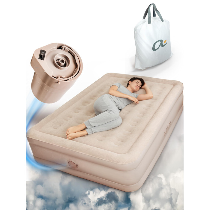 Надувний матрац для 2 осіб - Самонадувальний надувний матрац Преміальне гостьове ліжко без шнура живлення - вбудований насос USB-C - Надувне ліжко - Виберіть свій розмір зараз Бежевий двоспальний