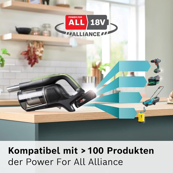 Акумуляторний пилосос Bosch Unlimited 9 BBS921TBA, бездротовий, MicroClean Technology, дисплей, компресія пилу, HEPA-фільтр, 10 років гарантії на двигун, змінний акумулятор, LED-підсвітка, щілина для вузьких місць, зелений