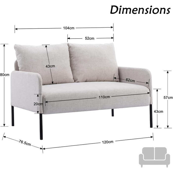 Диван Chairus 2-місний лляний двоспальний диван для вітальні Диван-диван для маленької квартири Сучасний міні-диван для спальні (бежевий) 2K (120 см x 76,5 см x 80 см) бежевий