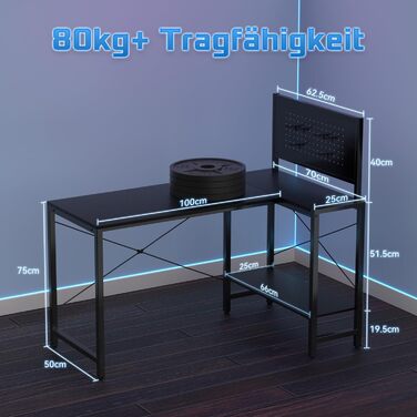 Г-подібний кутовий стіл, 125x70 см з шухлядами та перфорованою дошкою, регульована по висоті бічна панель, ергономічний ігровий стіл висотою 75 см, для домашнього офісу, потокового відео та ігор, чорний